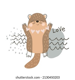 Cute otter with heart, card with animal and the phrase love on white background. Animal vector illustration.