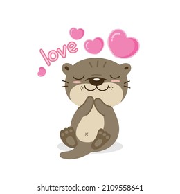 Cute Otter with Hearts. Valentines day card.