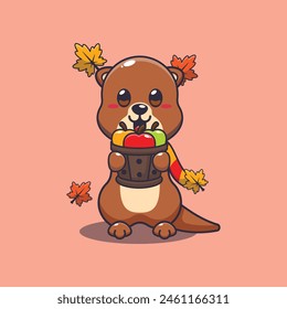 Cute otter holding a apple in wood bucket. Mascot cartoon vector illustration suitable for poster, brochure, web, mascot, sticker, logo and icon.