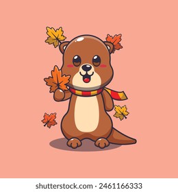 Cute otter holding autumn leaf. Mascot cartoon vector illustration suitable for poster, brochure, web, mascot, sticker, logo and icon.