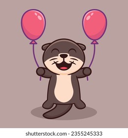 Cute Otter Holding Balloon Cartoon Vector Illustration. Animal Nature Isolated. Flat Cartoon Style.