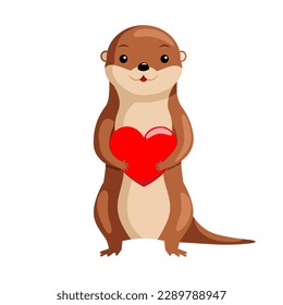 Cute otter with holding a big red heart animal character. Valentine's Day. Design of funny animals sticker for showing emotion. Vector illustration