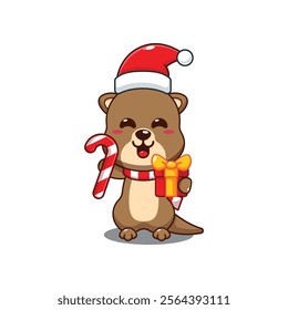 Cute otter holding christmas candy and gift. 
Cartoon vector illustration in Christmas day.