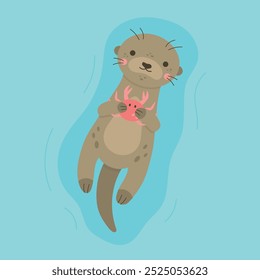 Cute otter holding crab in paws vector illustration. Otter animal character floating on water, isolated on blue background.