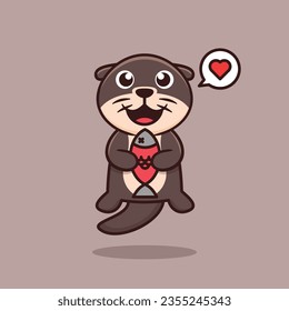 Cute Otter Holding Fish Cartoon Vector Illustration. Animal Nature Isolated. Flat Cartoon Style.