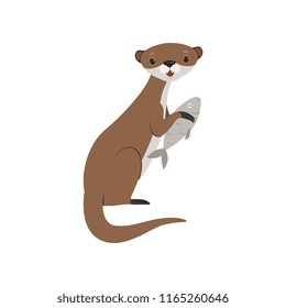 Cute otter holding fish, funny animal character vector Illustration on a white background