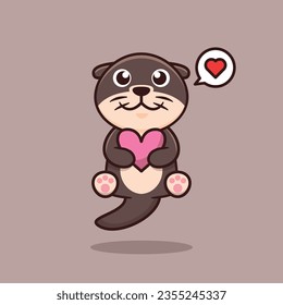 Cute Otter Holding Heart Cartoon Vector Illustration. Animal Nature Isolated. Flat Cartoon Style.