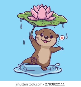 Cute Otter Holding Lotus Leaf Umbrella Vector Illustration