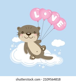 Cute Otter holding Love Balloon  for Valentine's Day.