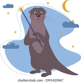 Cute otter holding magic wand on the night background isolated on white. Childish print for apparel, nursery, cards, posters. Vector illustration