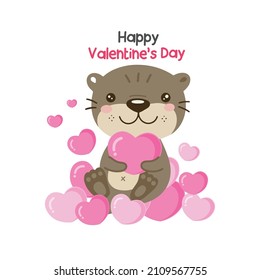 Cute otter holding pink hearts for valentine’s day.
