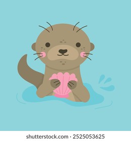 Cute otter holding seashell in paws vector illustration. Otter animal character peaking out of water, isolated on blue background.