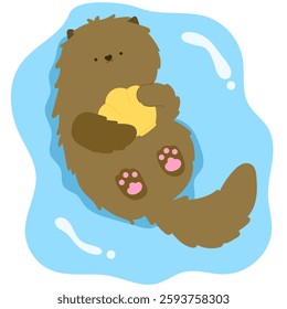 cute otter holding a seashell while floating on its back, adorable marine animal flat vector illustration