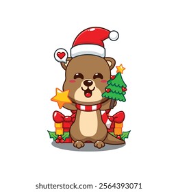 Cute otter holding star and christmas tree cartoon vector illustration. 
Cartoon vector illustration in Christmas day.