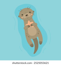 Cute otter holding starfish in paws vector illustration. Otter animal character floating on water, isolated on blue background.