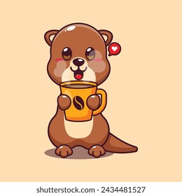 Cute otter with hot coffee cartoon vector illustration. Vector cartoon Illustration suitable for poster, brochure, web, mascot, sticker, logo and icon.