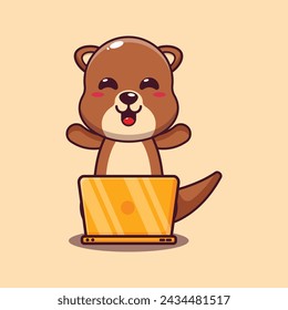 Cute otter with laptop cartoon vector illustration. Vector cartoon Illustration suitable for poster, brochure, web, mascot, sticker, logo and icon.