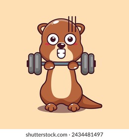 Cute otter lifting barbell cartoon vector illustration. Vector cartoon Illustration suitable for poster, brochure, web, mascot, sticker, logo and icon.