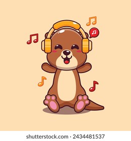 Cute otter listening music with headphone cartoon vector illustration. Vector cartoon Illustration suitable for poster, brochure, web, mascot, sticker, logo and icon.