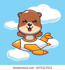 Cute otter mascot cartoon character ride on plane jet. Vector cartoon Illustration suitable for poster, brochure, web, mascot, sticker, logo and icon.