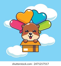 Cute otter mascot cartoon character fly with balloon. Vector cartoon Illustration suitable for poster, brochure, web, mascot, sticker, logo and icon.