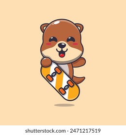 Cute otter mascot cartoon character with skateboard. Vector cartoon Illustration suitable for poster, brochure, web, mascot, sticker, logo and icon.