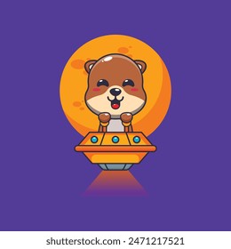 Cute otter mascot cartoon character fly with ufo. Vector cartoon Illustration suitable for poster, brochure, web, mascot, sticker, logo and icon.