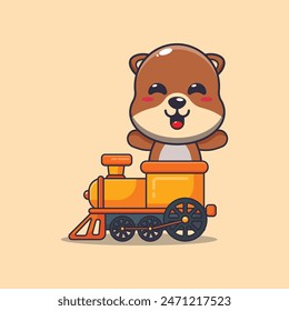 Cute otter mascot cartoon character ride on train. Vector cartoon Illustration suitable for poster, brochure, web, mascot, sticker, logo and icon.