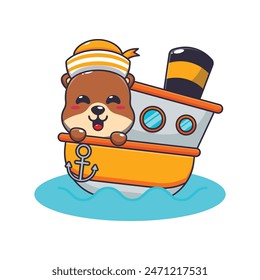 Cute otter mascot cartoon character on the ship. Vector cartoon Illustration suitable for poster, brochure, web, mascot, sticker, logo and icon.