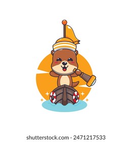 Cute otter mascot cartoon character on the boat. Vector cartoon Illustration suitable for poster, brochure, web, mascot, sticker, logo and icon.