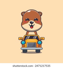 Cute otter mascot cartoon character ride on car. Vector cartoon Illustration suitable for poster, brochure, web, mascot, sticker, logo and icon.