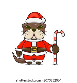 cute otter mascot, holding candy cane, wearing santa claus costume, cartoon animal character with sparkling eyes, front view. kawaii styles, flats, for kids and adults, for stickers. 
