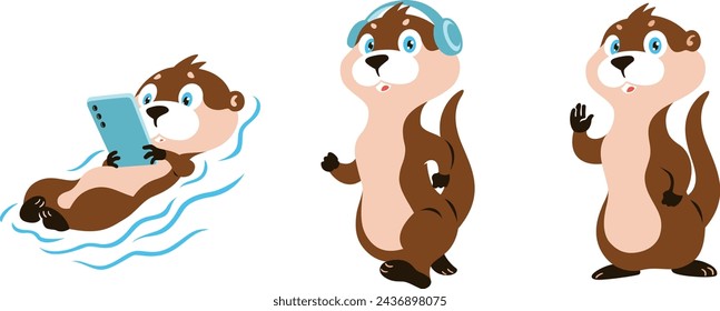 Cute Otter Mascot Standing, Walking and Swimming