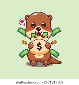 Cute otter with money bag cartoon vector illustration.
Vector cartoon Illustration suitable for poster, brochure, web, mascot, sticker, logo and icon.