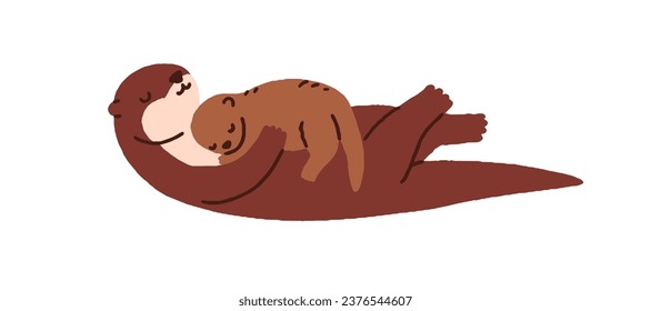 Cute otter mother and kid. Mom and child, wild forest animal family. Zoo mommy and little baby, funny adorable cub sleeping together. Flat vector illustration isolated on white background