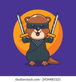 Cute nutria ninja ilustración vectorial de dibujos animados. Ilustración de dibujos animados vectoriales adecuada para póster, folleto, web, mascota, etiqueta engomada, logotipo e icono.