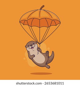 cute Otter Parachuting Through the Air with an autumn leaves. vector illustration
