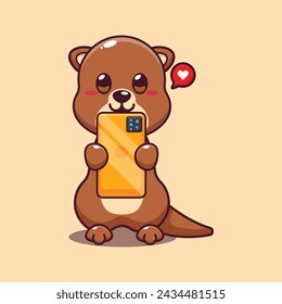 Cute otter with phone cartoon vector illustration. Vector cartoon Illustration suitable for poster, brochure, web, mascot, sticker, logo and icon.