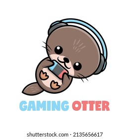 A CUTE OTTER IS PLAYING GAME AND WEARING HEADPHONE. PREMIUM CARTOON VECTOR.