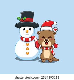 Cute otter playing with Snowman cartoon vector illustration. 
Cartoon vector illustration in Christmas day.