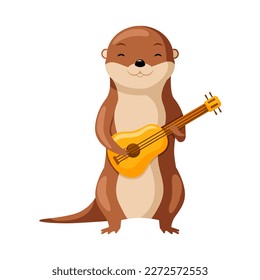 Cute otter playing ukulele. Cute cartoon musican character. Design of funny animals sticker for showing emotion. Vector illustration