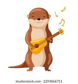 Cute otter playing ukulele. Cute cartoon musican character. Design of funny animals sticker for showing emotion. Vector illustration