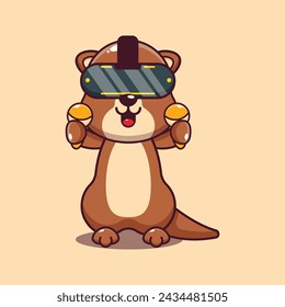 Cute otter playing virtual reality cartoon vector illustration.