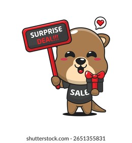 lontra bonito com sinal de promoção e caixa de presente na sexta-feira preta venda desenho animado vetor ilustração	