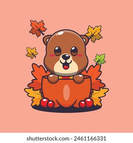 Cute otter in a pumpkin at autumn season. Mascot cartoon vector illustration suitable for poster, brochure, web, mascot, sticker, logo and icon.