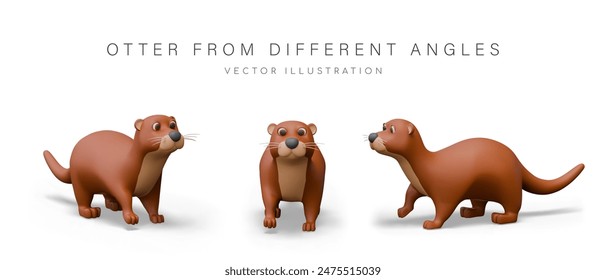 Cute otter in realistic style. Vector brown wild animal in different positions