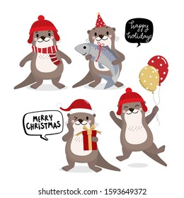 Cute otter in red costume for Christmas holidays and gift. Animal wildlife in winter cartoon character set. -Vector