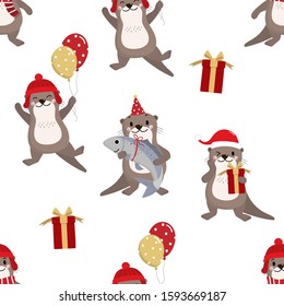 Cute otter in red costume for Christmas holidays and gift seamless pattern and background. Animal wildlife in winter cartoon character set. -Vector