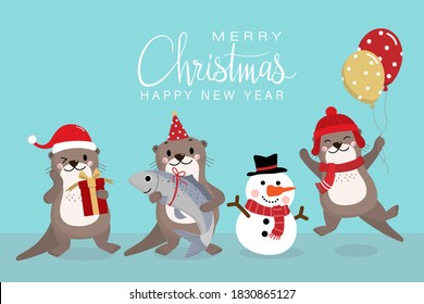 Cute otter in red costume for Christmas holidays and gift. Animal wildlife in winter cartoon character set. -Vector