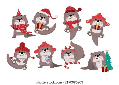 Cute otter in red costume for Christmas holidays and gift. Animal wildlife in winter cartoon character set. -Vector